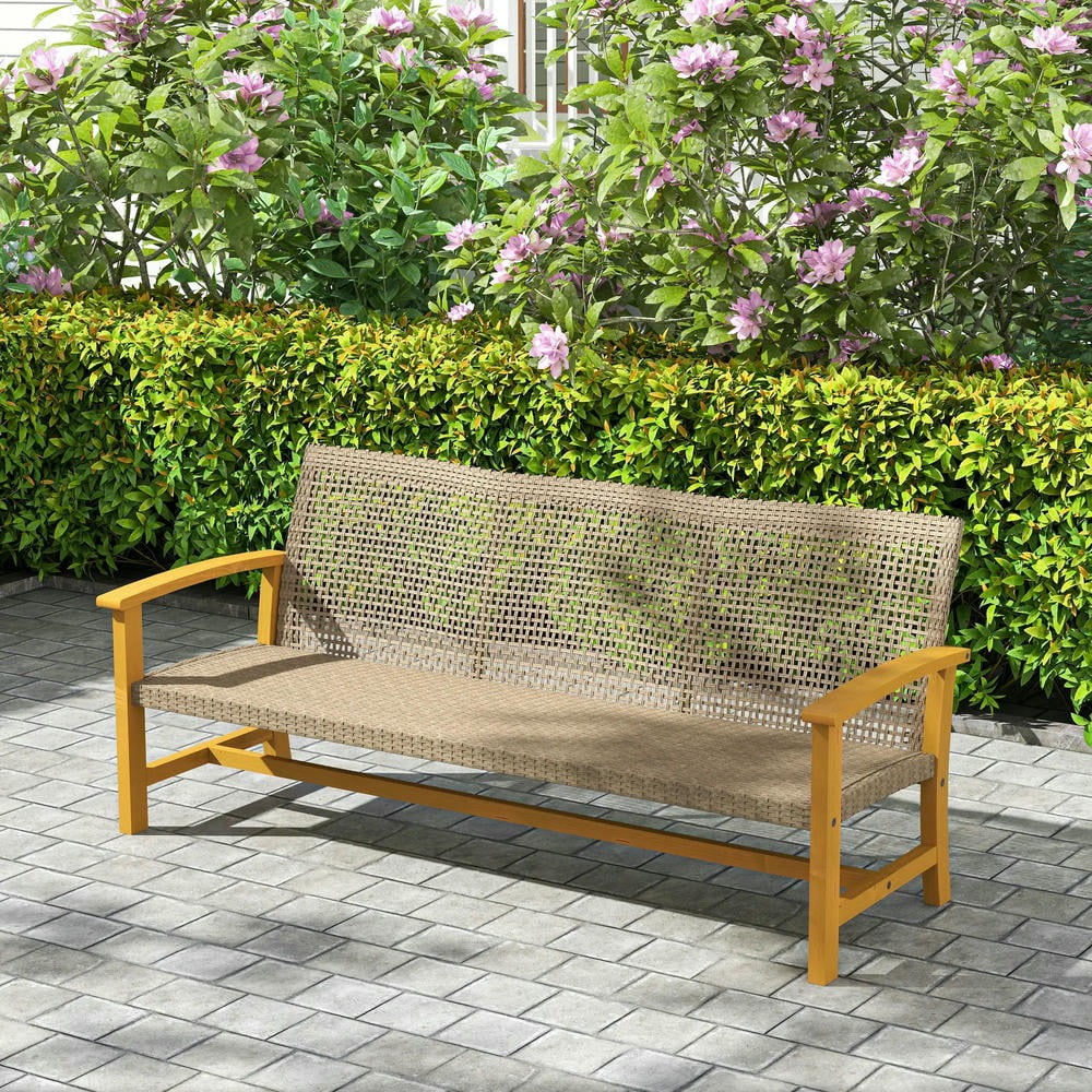 GVN Outdoor Couch Patio Sofa,3-Seat Wicker Outdoor Couch Patio Sofa, Acacia Wood Patio Furniture with Steel Seat Armrests, Teak