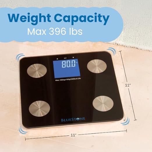 Digital Body Fat Bathroom Scale, Cordless Battery Operated Large LCD Display for Health and Fitness Tracking Scale by Bluestone- Black