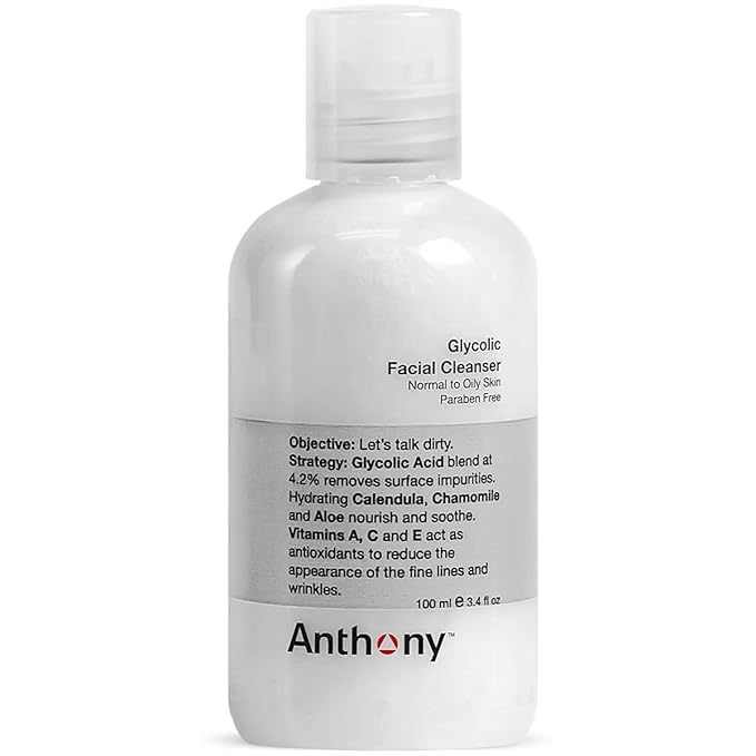 Anthony Glycolic Facial Cleanser for Men, Daily Exfoliating & Hydrating Face Wash, Shave Prep, Non-Foaming, Deep Cleansing, Gentle on Sensitive Skin, Removes Dirt & Oil, Smooths Texture, 3.4 Fl Oz