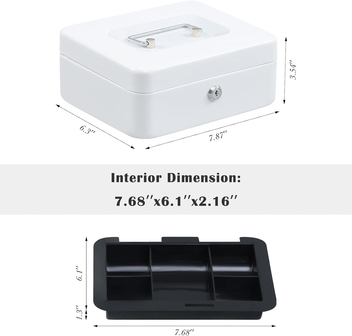 xydled Locking Steel Medium Cash Box with Removable Coin Tray and Key Lock,7.87"x 6.30"x 3.54",White