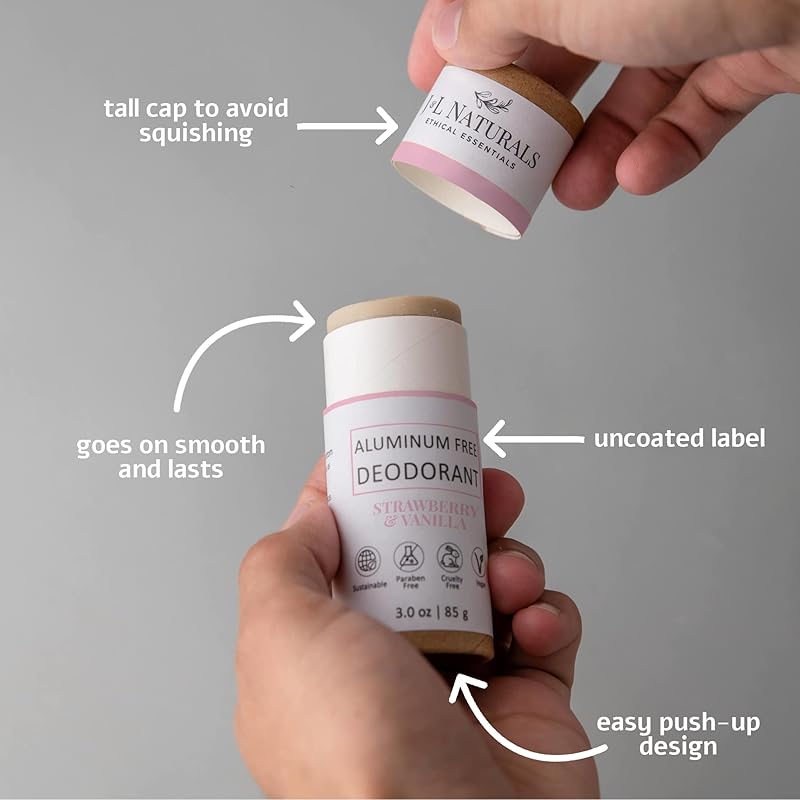 J&L Naturals Aluminum Free Deodorant for Men & Women | 100% Natural Ingredients With Coconut Oil, Shea Butter, & Essential Oils | Sustainable, Eco-Friendly (Strawberry & Vanilla, 3.0 Oz (Pack of 4))
