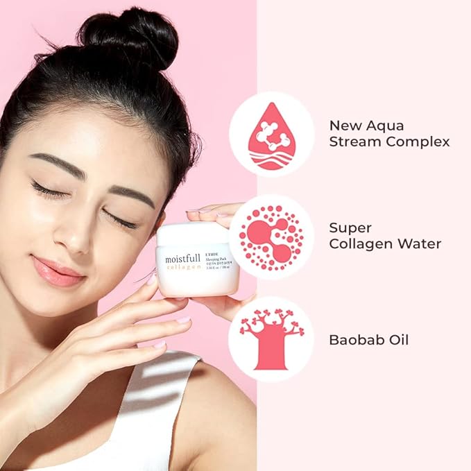 ETUDE Moistfull Collagen Sleeping Pack, Face Moisturizer, Night Cream, Super Collagen Water, Baobab Oil, Gel Texture, Deep Hydration, Korean Skin Care, Beauty (3.38 Fl Oz)