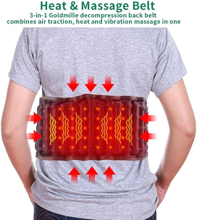 Heated Back Massager Belt Inflatable for Instant Back Pain Relief Lumbar Decompression Belt with Heating & Vibration, Operated by Rechargeable Battery, Fits 29-49 Waist