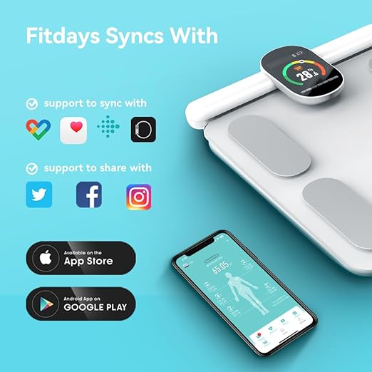 Fitdays Smart Body Fat Scale | Advanced 8-Electrode Technology for BMI/20+ Body Metrics | Full-Color LED & High Precision | Bathroom Weight Scale for Fitness/Weight Loss | (FG2305ULB-White)