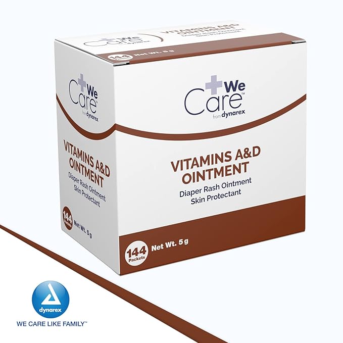 Dynarex Vitamins A & D Ointment, Ointment with Vitamin A and Vitamin D Skin Protectant, for Diaper Rash and Discomfort, White, 1 Box of 144-5g Packets
