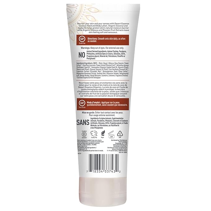 Desert Essence Coconut Hand & Body Lotion Nourishing Organic Coconut Oil, Hibiscus Flower Extract & Jojoba Oil - Softens & Moisturizes Skin - Vegan, Cruelty-Free, Sulfate-Free - 8oz (Pack of 2)