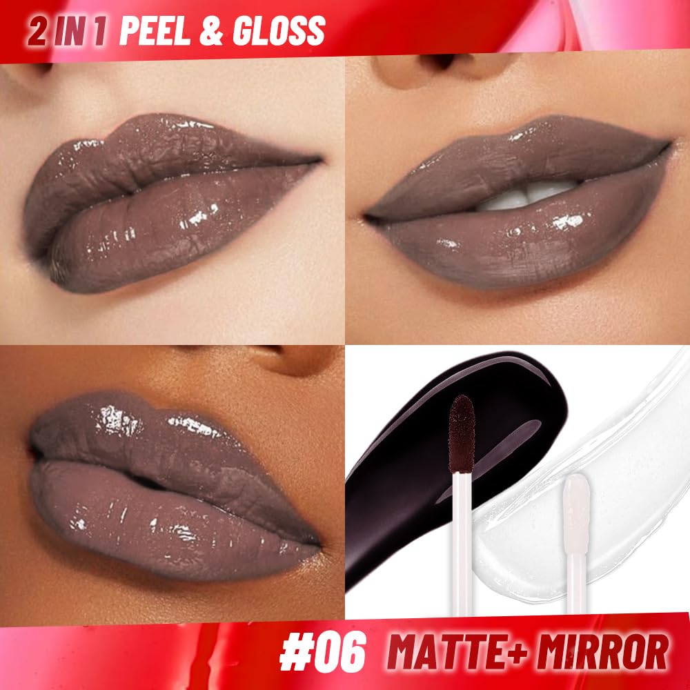 Brown Lip Stain Peel Off Lip liner and Lip oil with Tweezer, Dual-Ended Peel Off Lip Stain Tattoo, Highly Pigmented Long Lasting Waterproof, Transfer-proof for All Skin Types, 06#