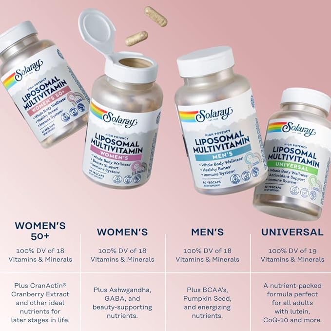 SOLARAY Liposomal Multivitamin for Women 50 Plus, Enhanced Absorption with Iron, Vitamin D, Vitamin C, B12, Biotin & More, Immune Support & Bone Health, Vegan, 60 Servings, 120 VegCaps