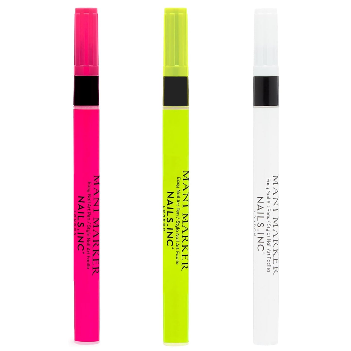 Nails Inc Neon Mani Marker Nail Art Pen Trio, DIY Nail Drawings, Fine Tip, Thin Brush, No Bleed, Manicure Tools, Drawing & Painting, Long Lasting, Vegan, Cruelty Free, Nail Art Pen, 3 Piece Set