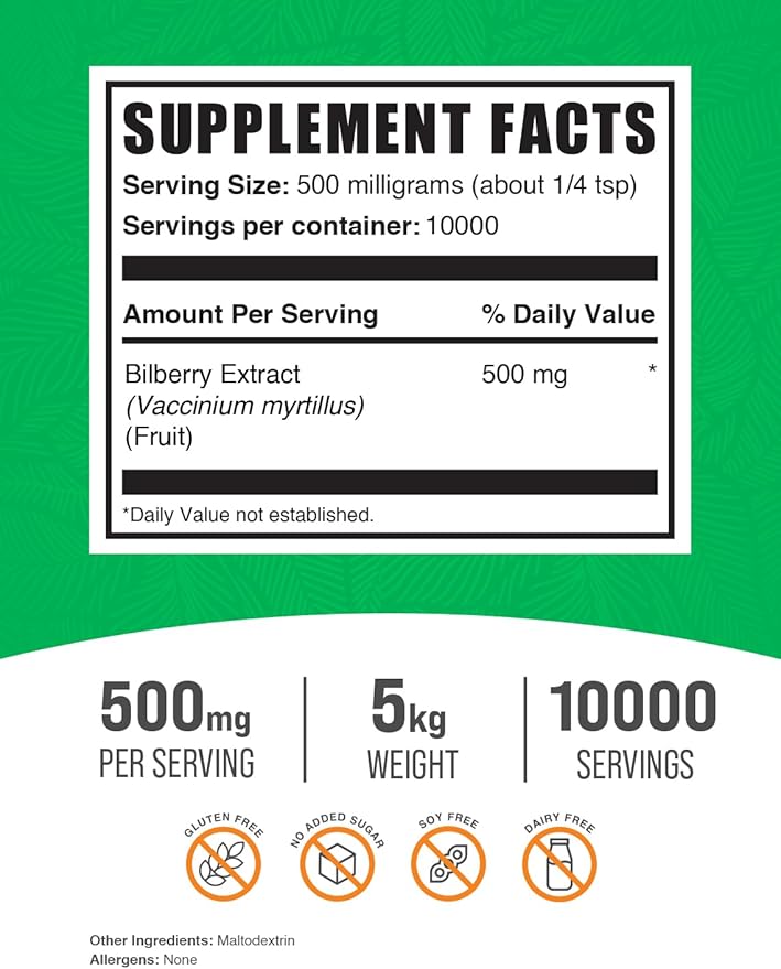 BulkSupplements.com Bilberry Extract Powder - Bilberry Fruit Extract, Bilberry Powder, Bilberry Supplement for Eyes - Glulten Free, 500mg per Serving, 5kg (11 lbs) (Pack of 5)