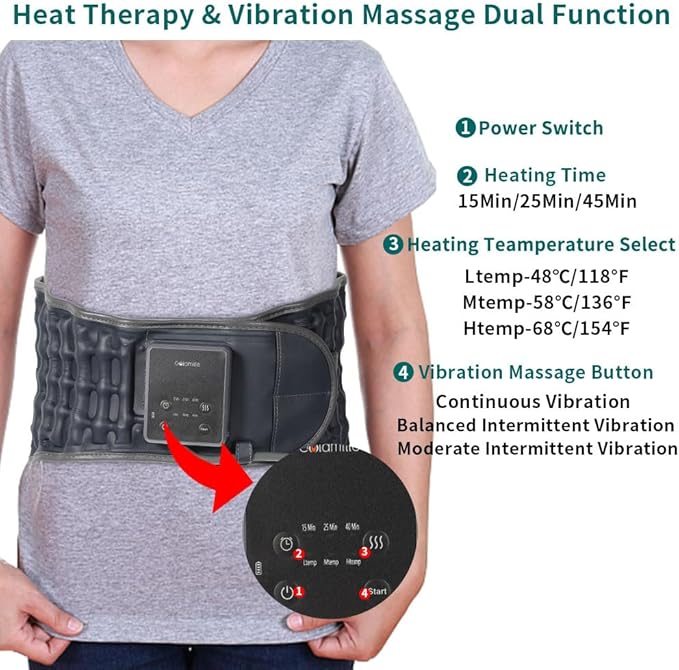 Heated Back Massager Belt Inflatable for Instant Back Pain Relief Lumbar Decompression Belt with Heating & Vibration, Operated by Rechargeable Battery, Fits 29-49 Waist