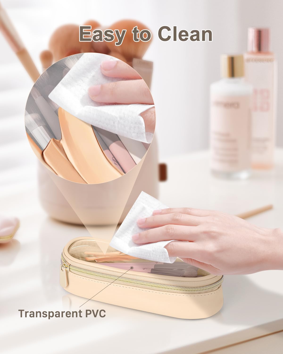 Clear Travel Makeup Brush Holder, Leather Makeup Brush Toiletry Bag, Portable Cosmetic Brush Case, Transparent Waterproof Makeup Brush Storage Bag, Khaki