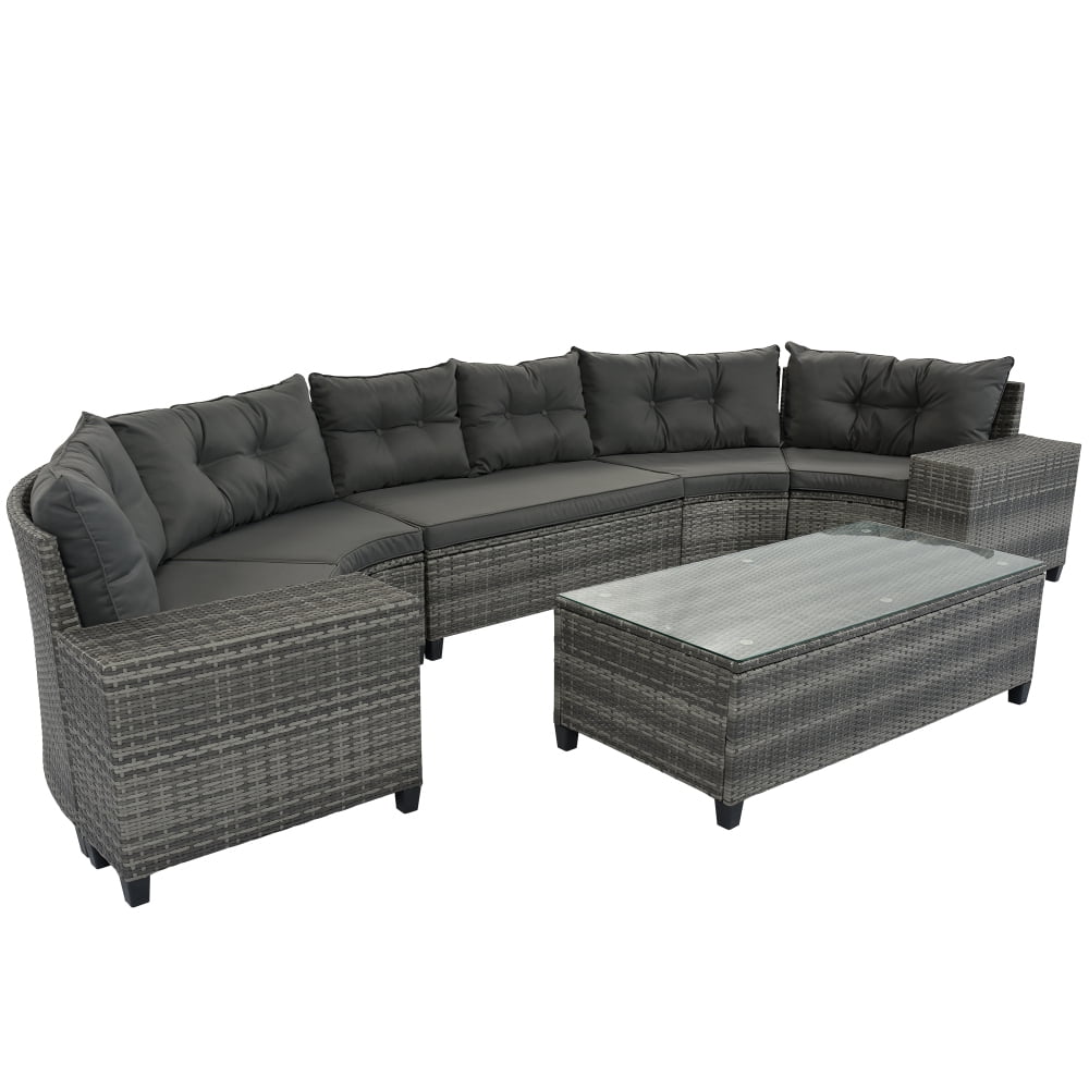 Baugery 8-Piece Half Moon Cruved Round Outdoor Sectional Sofa Furniture Set with Coffee Table, Grey/Beige