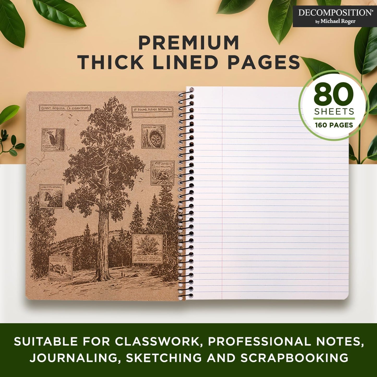 Decomposition 3-Pack Whimsical Garden College Ruled Spiral Notebook - 9.75 x 7.5 Journal, 160 Lined Pages - 100% Recycled Paper - Notebooks for School Supplies, Home & Office - Made in USA