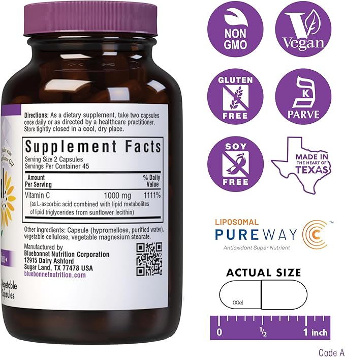 BlueBonnet Nutrition Liposomal Vitamin C 1000 mg, Made with Sunflower Oil, Immune & Joint Comfort*, Vegan, Kosher, Non-GMO, Gluten-Free, Soy-Free Milk-Free, 180 Vegetable Capsules, 90 Servings