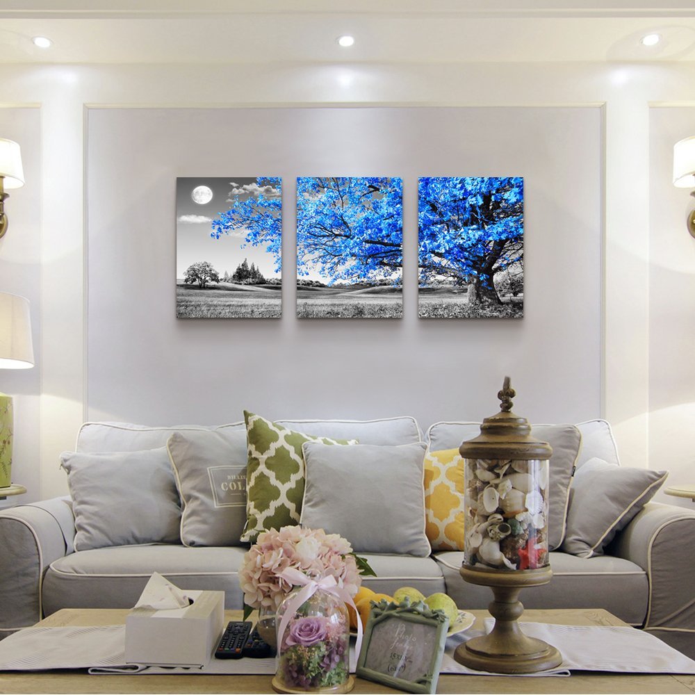 Wall Art For Living Room black and white Blue tree moon Canvas Wall Decor for Home artwork huge Painting 16" x 24" 3 Pieces Canvas Print For bedroom Decor Modern Salon kitchen office Hang a picture