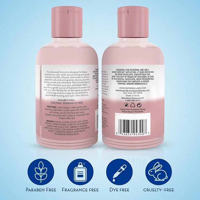 Dermasil AHA Glycolic Acid Toning Solution 3-Pack – Exfoliating Toner for Face with Rose Water, Witch Hazel, and Hyaluronic Acid, 4 Oz Ea