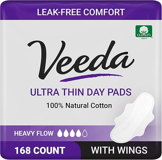Veeda Natural Cotton Day Pads for Women - Heavy Flow Absorbent Ultra-Thin Feminine Pads with Wings - Hypoallergenic Period pads - Unscented & Chlorine free Sanitary Napkins - 168 Count