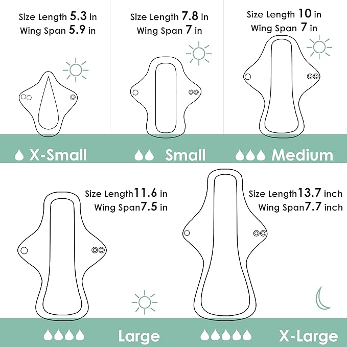 wegreeco 6 Pc Reusable Menstrual Pads, Ultra Thin Pantiliners for Thongs, Cloth Pads, Panty Liners for Teens, Women, Nonslip Pantiliners + 1 Pc Wet Bag(Mustard Yellow, Grey, Beige, XS)