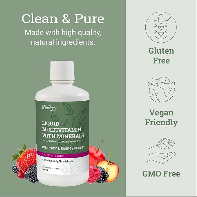 Earth Harmony Liquid Multivitamins for Women & Men (Tropical Berry Flavor) - 30+ Liquid Vitamins, Minerals & Organic Antioxidant Blend - Morning Multivitamin for Immune Support and Energy - 32 Fl Oz