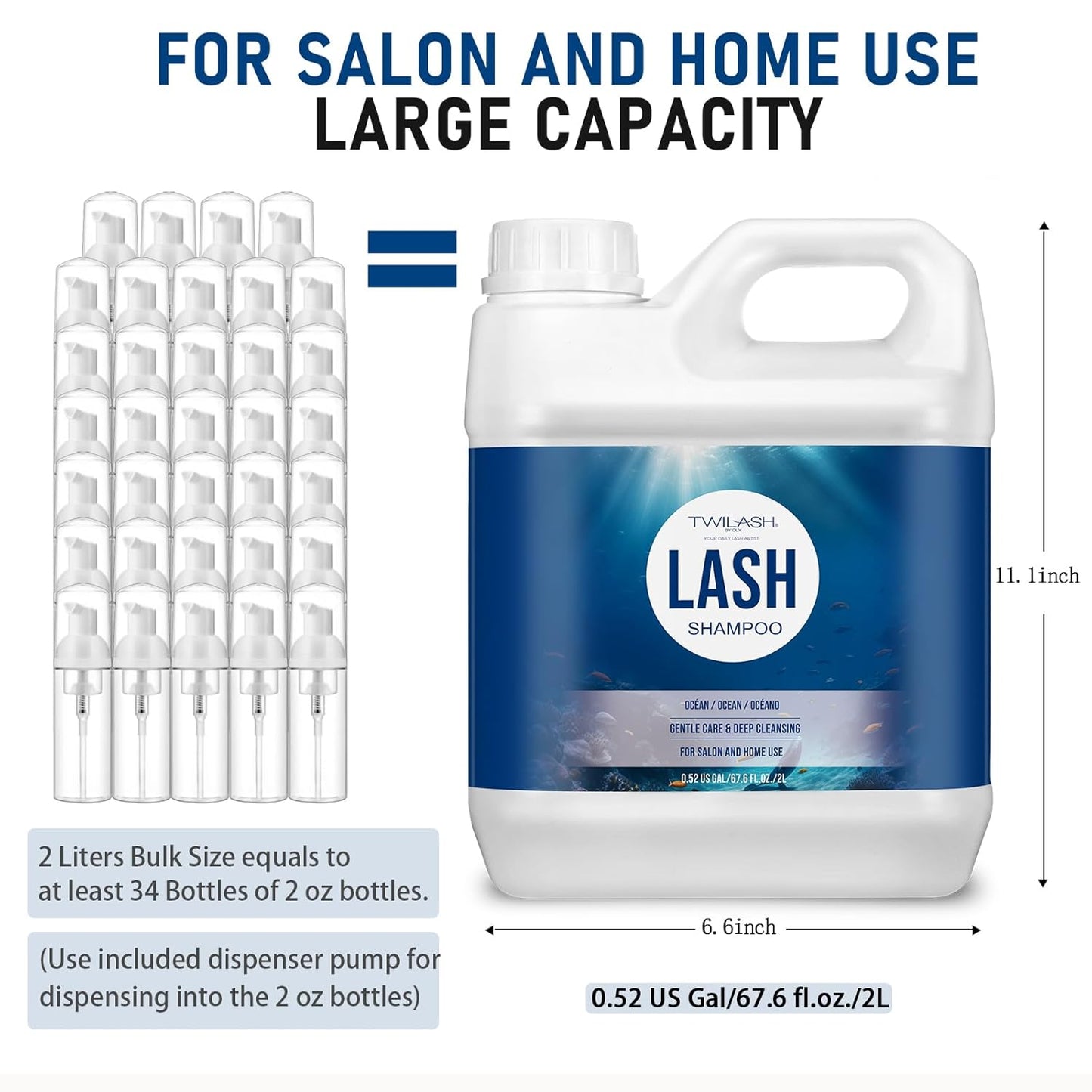 Lash Shampoo Bulk, Eyelash Cleanser for Extensions 2 Liters, Safe Makeup Remover, Non-irritating or Burning Eyelid Foaming Cleanser for Professional Salon and Home Use (Ocean-2L)
