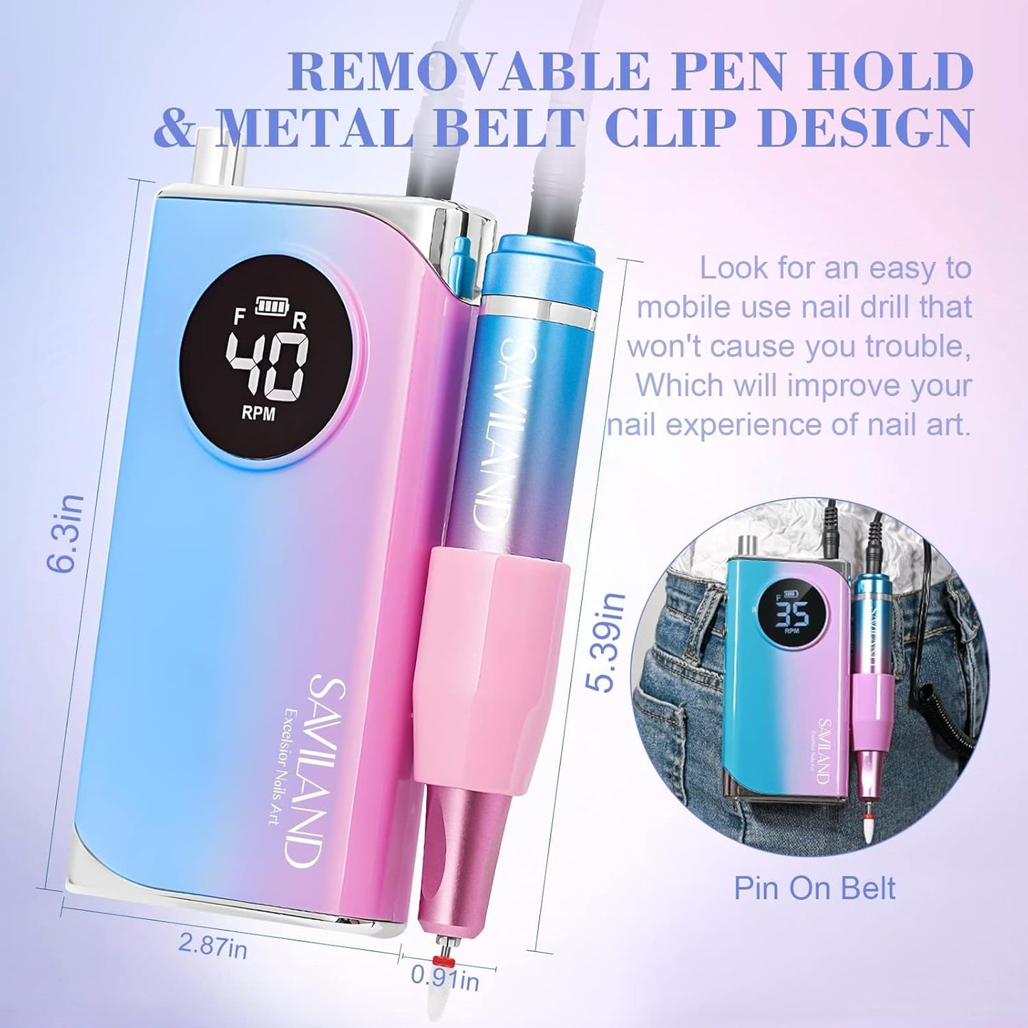 SAVILAND 40000RPM Electric Nail Drill Professional: Electric Nail File Portable Nail Drill with Acrylic Nail Kit 12 Drill Bit Nail Supplies Efile for 10s Fast Drill para Uñas Profesional Remove Salon