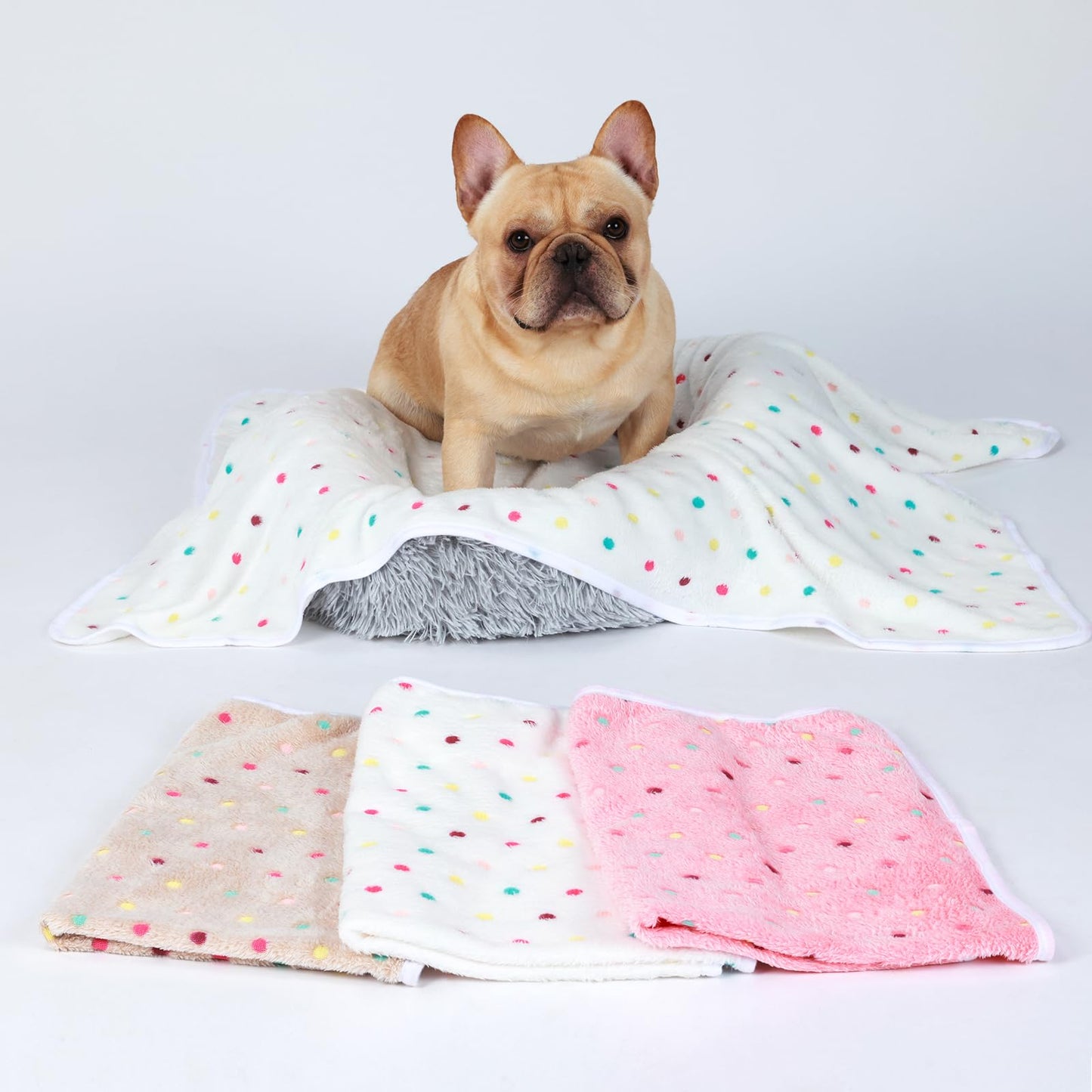 1 Pack 3 Blankets Super Soft Cute Dot Pattern Pet Blanket Flannel Throw for Dog Puppy Cat Beige/Brown/Pink Small