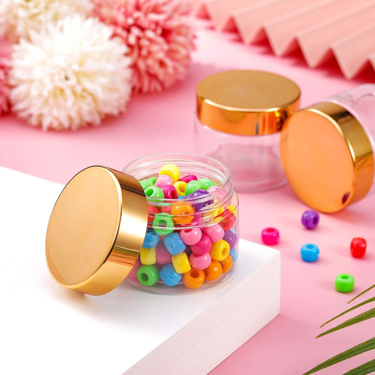 SATINIOR 36 Pieces 2 oz Plastic Jars with Lids Wide Mouth Airtight Reusable Container Acrylic Cosmetic Small Jars for Lotions Ointments Travel Toiletries Creams Make up Storage(Gold)