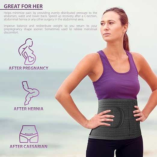 ORTONYX Abdominal Binder for Postpartum, C-Section, and Hernia Support - Belly Band for Women and Men - Adjustable Hook&Loop, Breathable Fabric, Lower Back Support - Black S/M