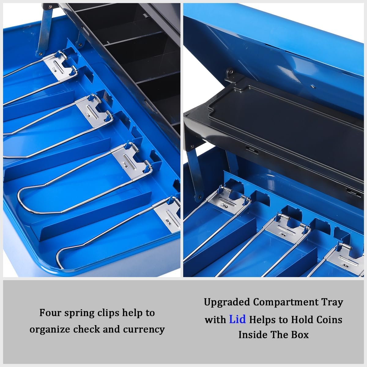 Jssmst Locking Metal Cash Box with Coin Lid, 11.8L x 9.5W x 3.5H Inches, Safe Money Box with Key Lock, Blue, SM-CB0513BL