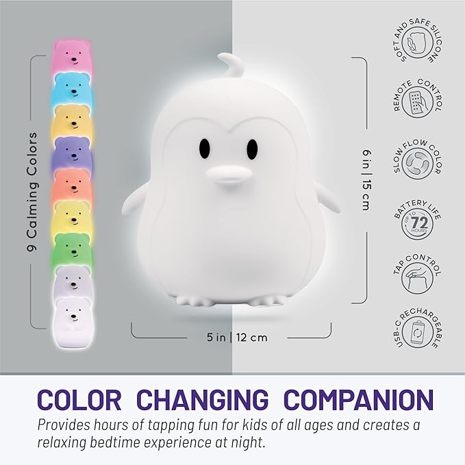 Lumipets Remote Control Silicone Night Light for Kids - Penguin Design with 9 Soft Colors & Sleep Timer - Rechargeable, Battery-Operated Lamp for Bedroom | Baby Nursery, Toddler, Girls, Boys