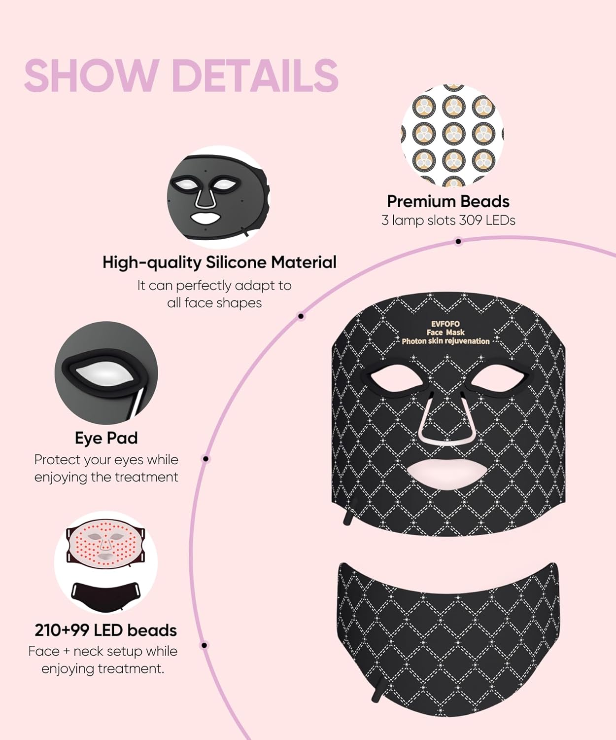 Red Light Therapy for Face, 7 Colors LED Face & Neck Mask Light Therapy At Home, Led Face Mask Light Therapy, Black