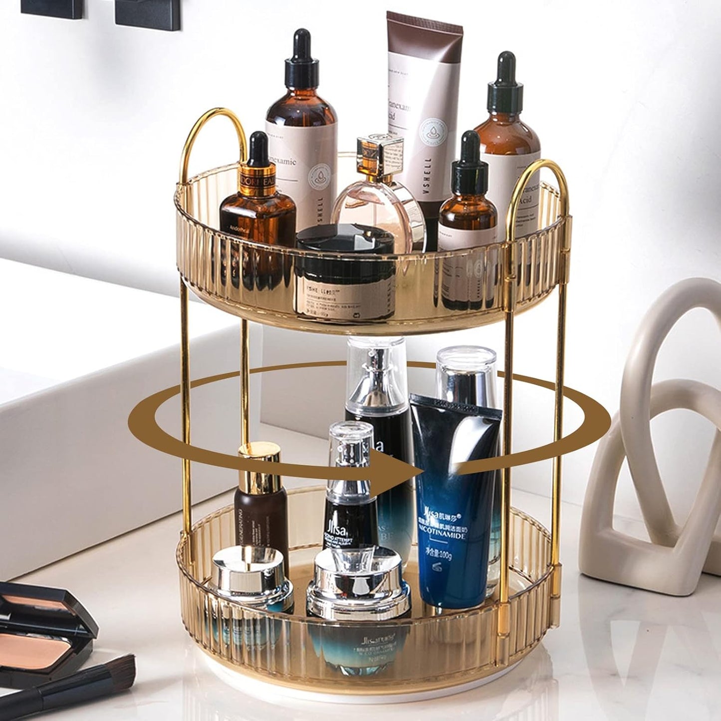 Rotating Makeup Organizer for Vanity, High-Capacity Skincare Clear Make Up Storage Perfume Organizers Cosmetic Dresser Organizer Countertop 360 Spinning (Gold, 2 Tier)