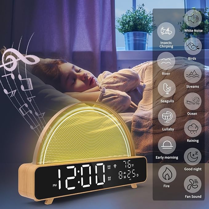 zerain Sound Machine Sunrise Alarm Clock,Gentle Wake Up Light,Toddler Sleep Trainer,White Noise Soother,Custom Sleep Program Auto Brightness Adjustment,Smart Light 99 Color (White)