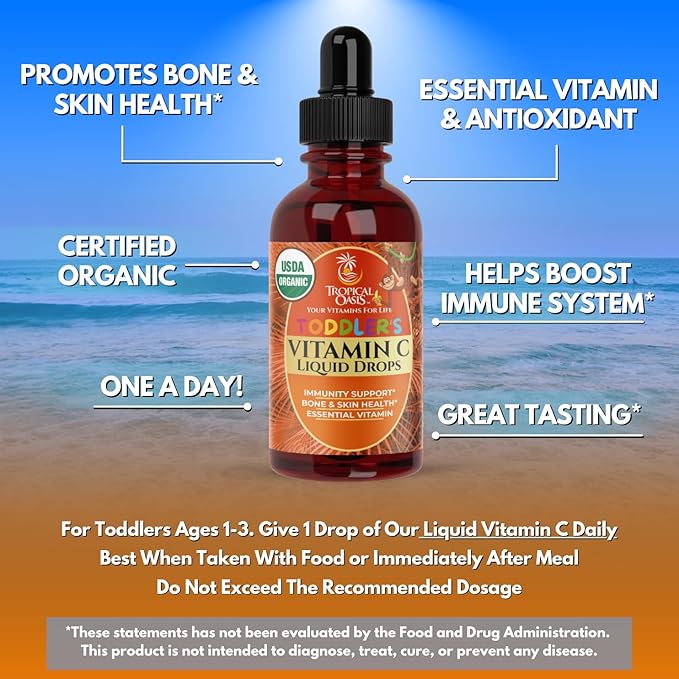 USDA Organic Toddler Vitamin C Drops | Organic Vitamin C Liquid Drops for Toddlers & Babies Ages 1-3 Years | Supports Healthy Immune System | Vegan | Non-GMO | Gluten Free | 60 Servings