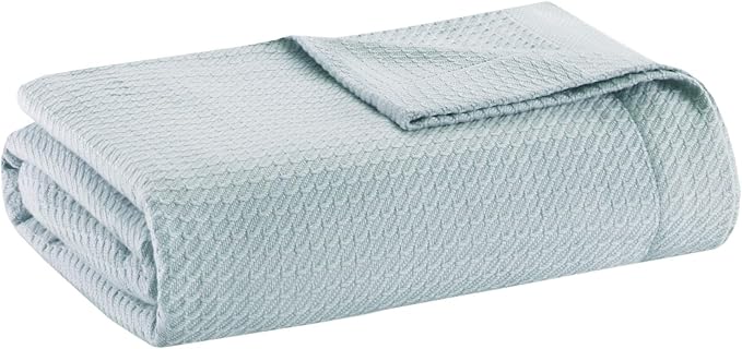 Madison Park Soft Certified 100% Egyptian Cotton Breathable Cozy Blanket, Premium Waffle Knit Classic Design, Luxury All Season Lightweight Cover for Bed, Couch and Sofa, Light Blue King(108"x90")