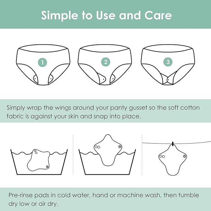 wegreeco 6 Pcs Reusable Menstrual Pads, Ultra Absorbent Cloth Pads for Light/Heavy Flow, Sanitary for Teens, Women, Nonslip Panty Liners + Bag (Aqua, Burgundy, Coffee, L)