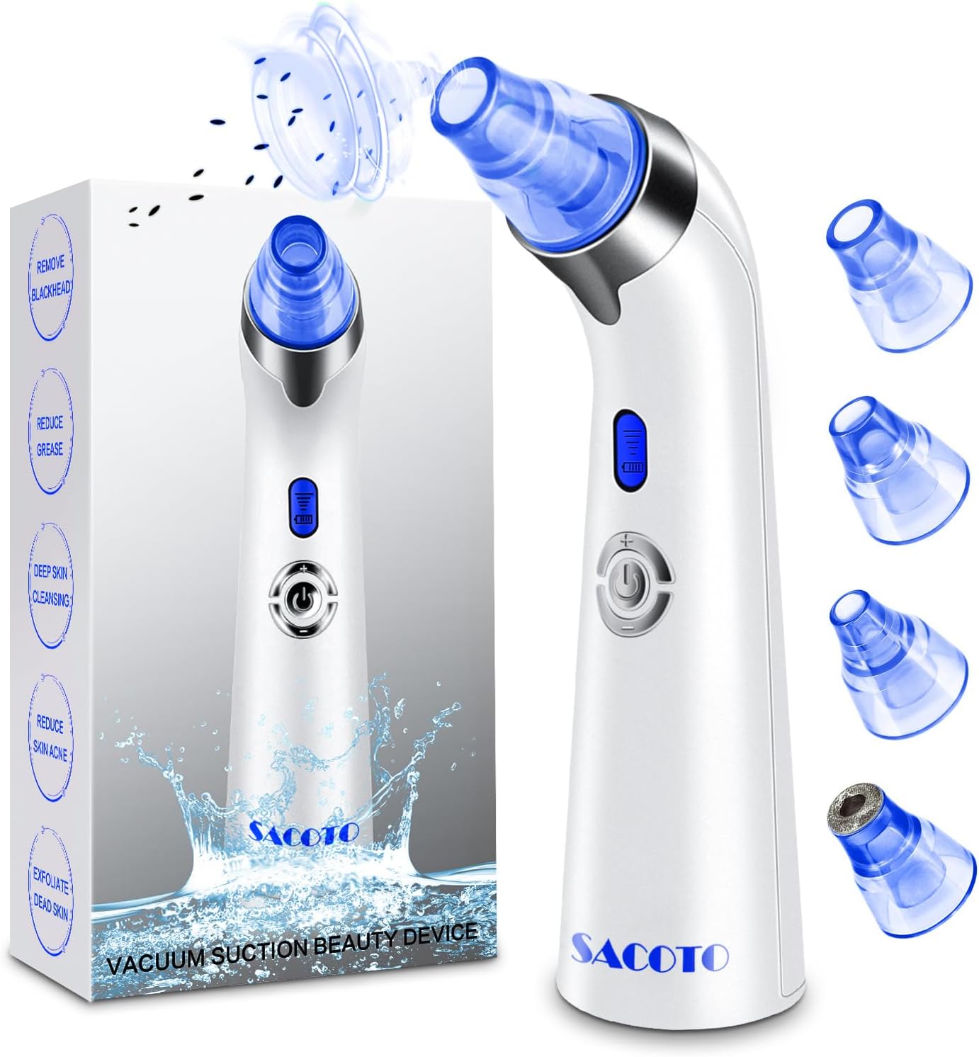 Blackhead Remover Pore Vacuum, Face Suction Pore Cleaner, 5 Suction Power Electric Blackhead Extractor Tool, 4 Probes, Blackhead Suction Remover for Women & Men（Blue）