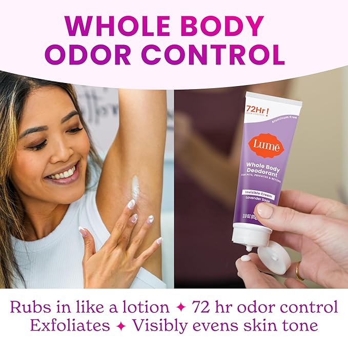 Lume Whole Body Deodorant - Invisible Cream and Solid - 72 Hour Odor Control - Aluminum Free, Baking Soda Free, Skin Safe - 3.0 Ounce Cream and 2.6 Ounce Solid Bundle (Lavender Sage)