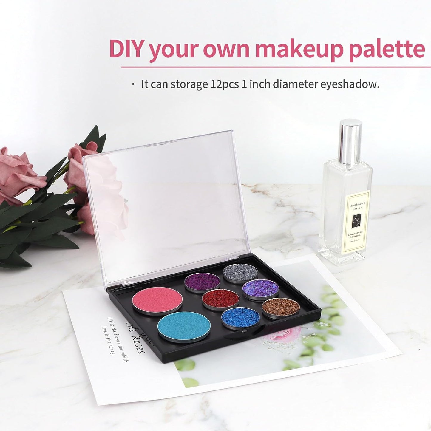 Empty Magnetic Eyeshadow Palette with Clear Top, Travel Makeup Organizer with 40Pcs Adhesive Metal Stickers For DIY Your Own Eyeshadow Lipstick Blush Powder (Small Palette - 4.8'' x 4'')