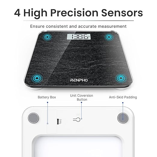 RENPHO Digital Bathroom Scale, Highly Accurate Body Weight Scale with Lighted LED Display, Round Corner Design, 400 lb, Core 1S, Marble