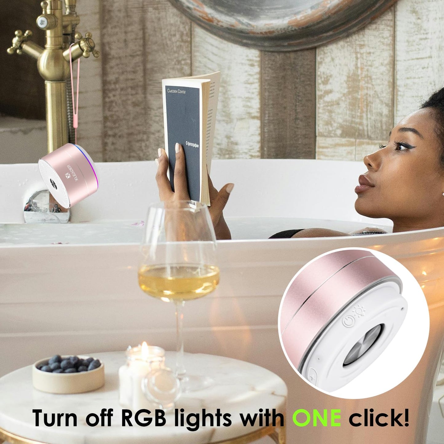 XLEADER Mini Bluetooth Shower Speaker, IPX6 Waterproof Speaker, with RGB Lights, Mic, Portable Silicone Lanyard, Suction Cup, Clear Sound&Rich Bass, 12h Playtime, Small Pink Gifts for Girls Women