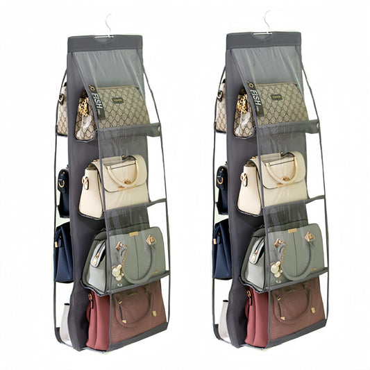 HAN SHENG 8 Pockets Clear Handbag & Purse Organizer Hanging Bag Storage - Space Saving Hanging Shelf for Closet, Wardrobe, Over Door (2 Pack, Grey)