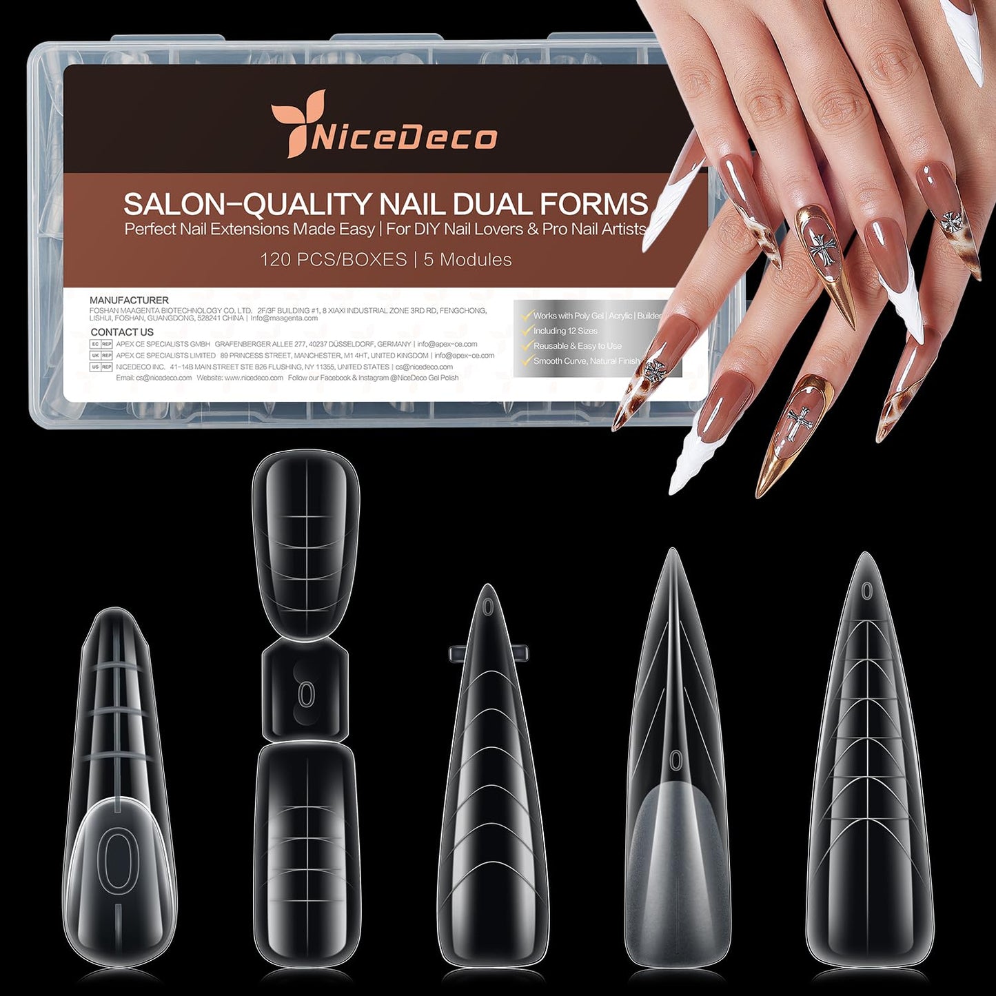 Poly Extension Gel Dual Nail Forms, 120pcs Nail Molds for Builder Extension, 5 Style 12 Size Dual Forms for Gel Nail Tips Nail Art Design Salon DIY Kit 1
