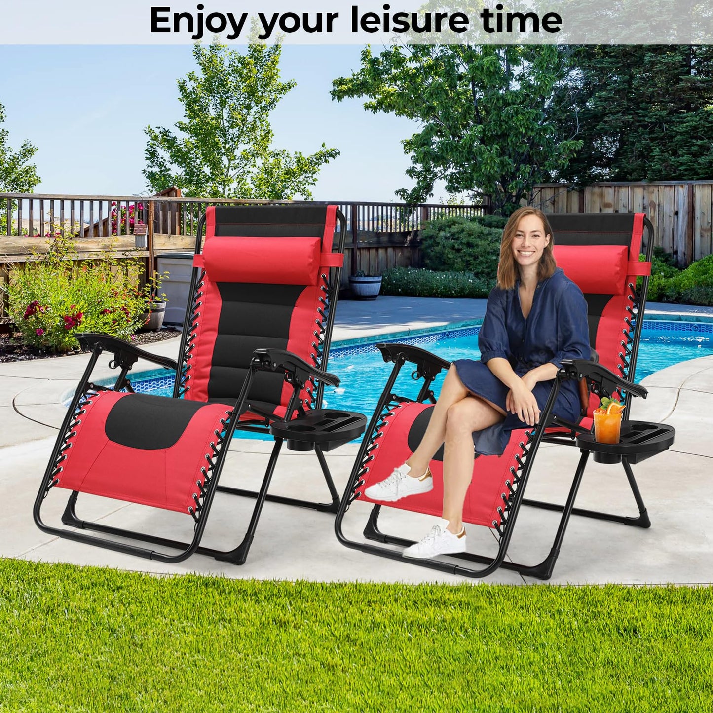 TLSUNNY Oversized Padded Zero Gravity Chair Set of 2, Folding Outdoor Patio Recliner, 24.2" Wide Seat Lounger W/Detachable Pillow & Holder Tray, Patio Furniture for Garden, 350LBS (Black/Burgundy)