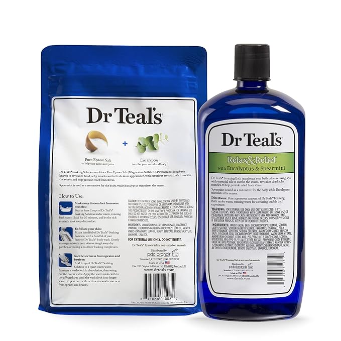 Dr Teal's Epsom Salt Soaking Solution and Foaming Bath with Pure Epsom Salt, Eucalyptus 3 Pound Bags, and 34 Ounce Bottle
