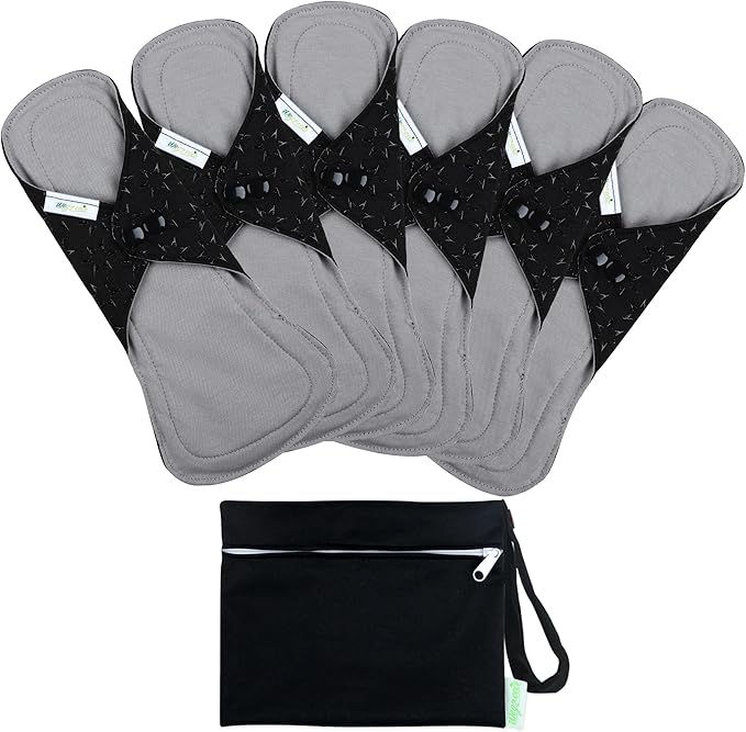 wegreeco 6 Pcs Reusable Menstrual Pads, Ultra Absorbent Cloth Pads for Heavy Flow, Sanitary for Teens, Women, Nonslip, Grey Inner, Black Outer, X-Large