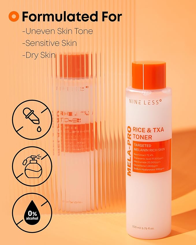 NINELESS Mela-Pro Rice & TXA Toner - Niacinamide and Glutathione - Soothing & Moisturizing - Korean Skincare, 6.76 fl.oz.
