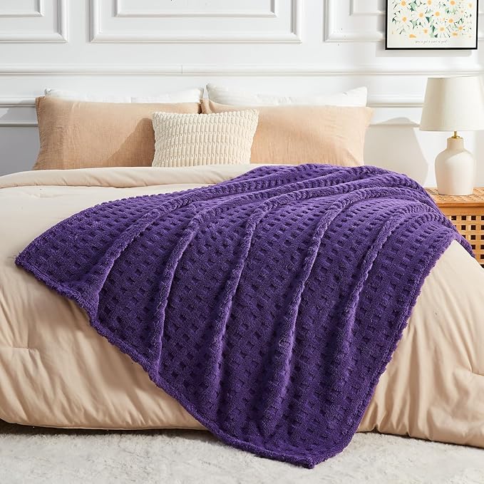 NEWCOSPLAY Super Soft Queen Blanket Purple Premium Silky Flannel Fleece 3D Waffle Checkered Lightweight Bed Blanket All Season Use (Dark Purple, Queen(90"x90"))