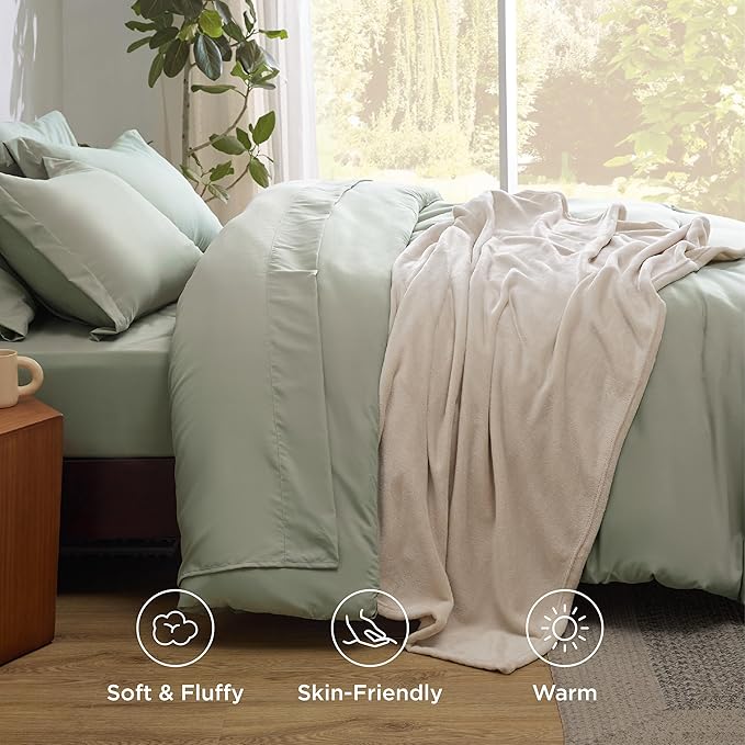 Bedsure Full Comforter Set Sage Green, 8 Pieces Prewashed Full Size Bed in a Bag with Soft Fleece Bed Blanket, Down Alternative Bedding Set for All Seasons, Sheets, Pillowcases & Shams